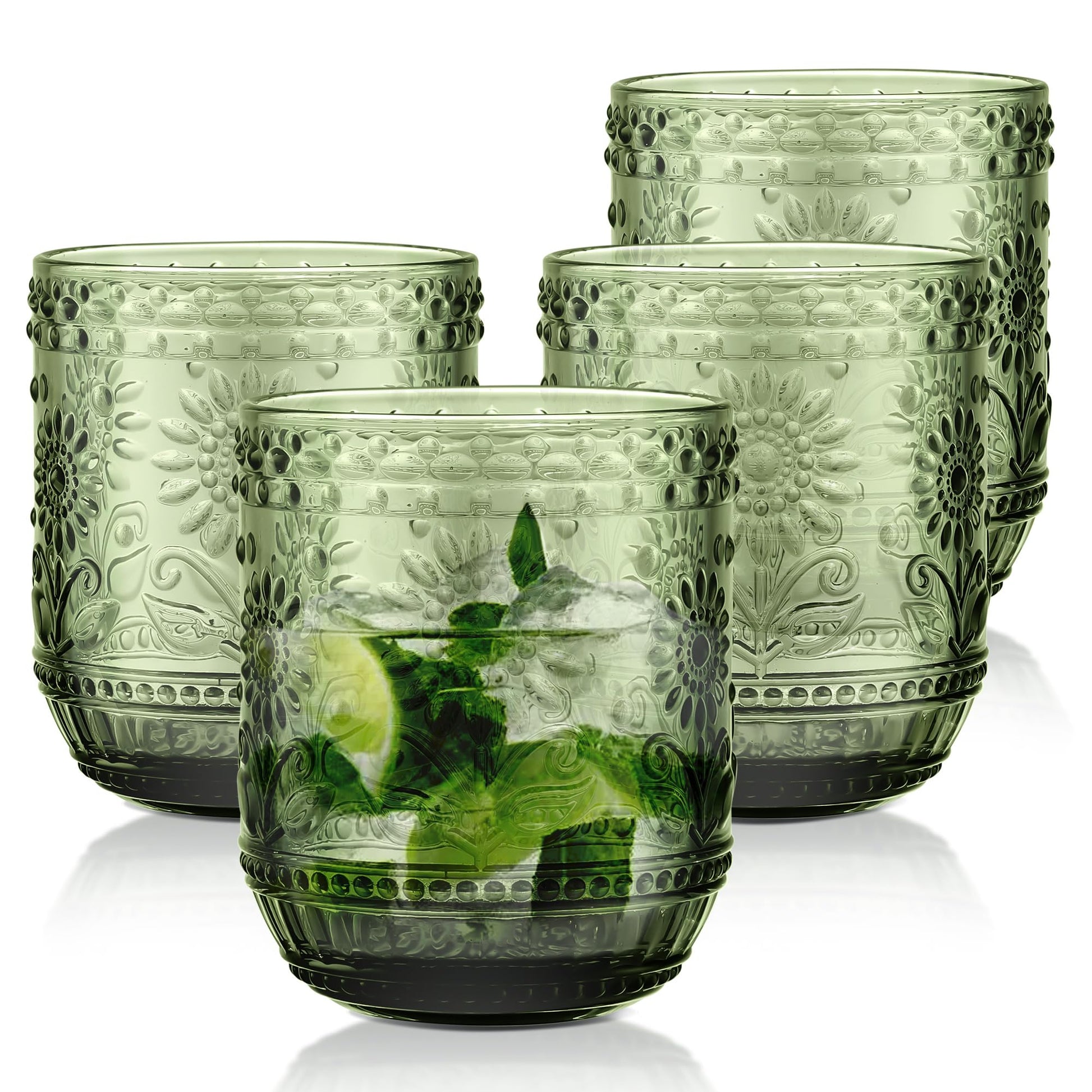 Joeyan Colourful Water Glass, Pack of 4, 360 ml, Stackable, Blue Drinking Glasses, Vintage Flower Embossed Tumblers, for Juice, Drinks, Beer, Cocktail, Lemonade, Juice, Dishwasher Safe
