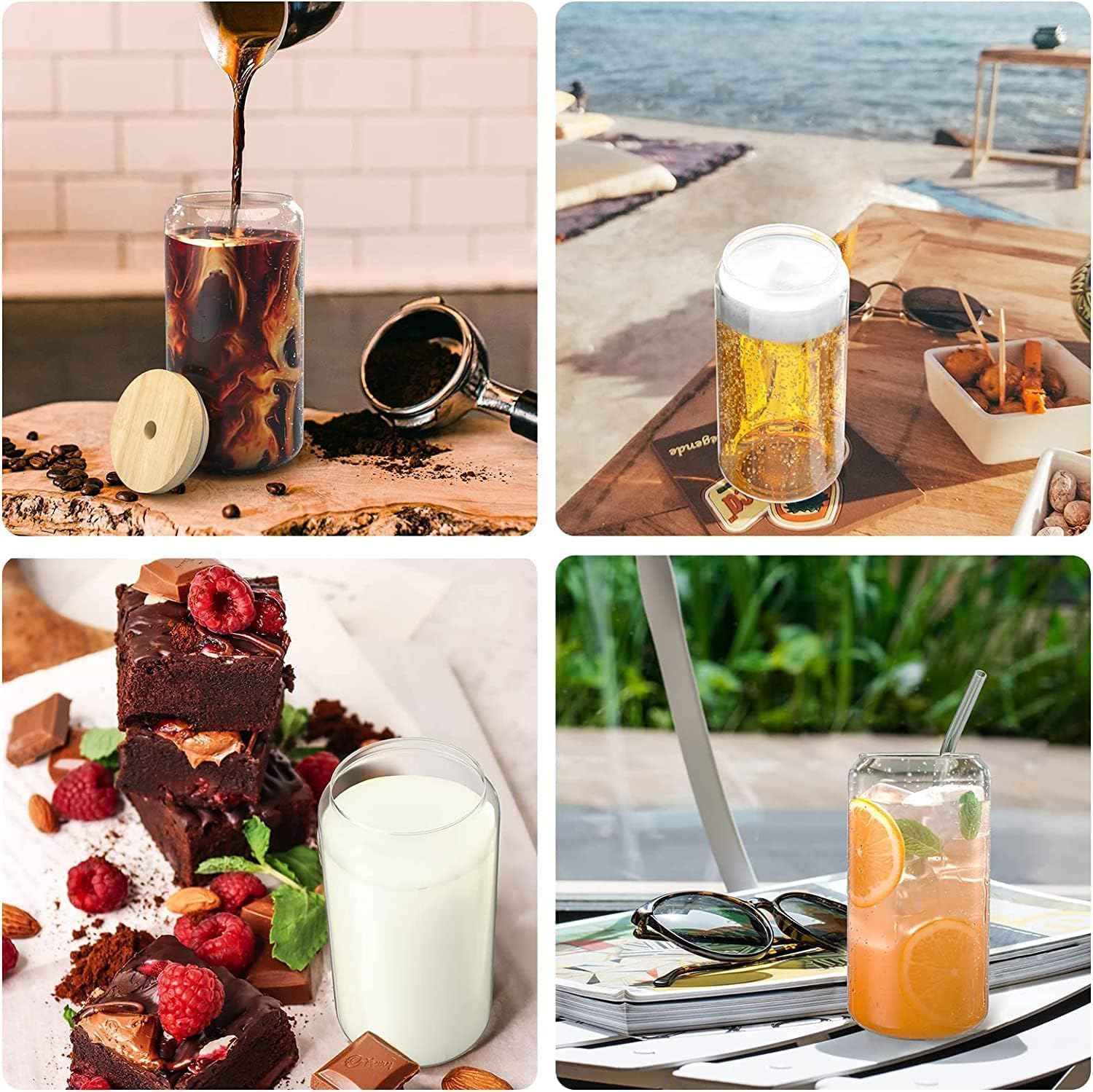 Drinking glass with straw and lid 4 pcs,glass cocktail glasses,iced coffee glasses,tin shape beer glasses,long drink glasses,cocktail glasses for gift,water,coffee,cocktail,soda,smoothie