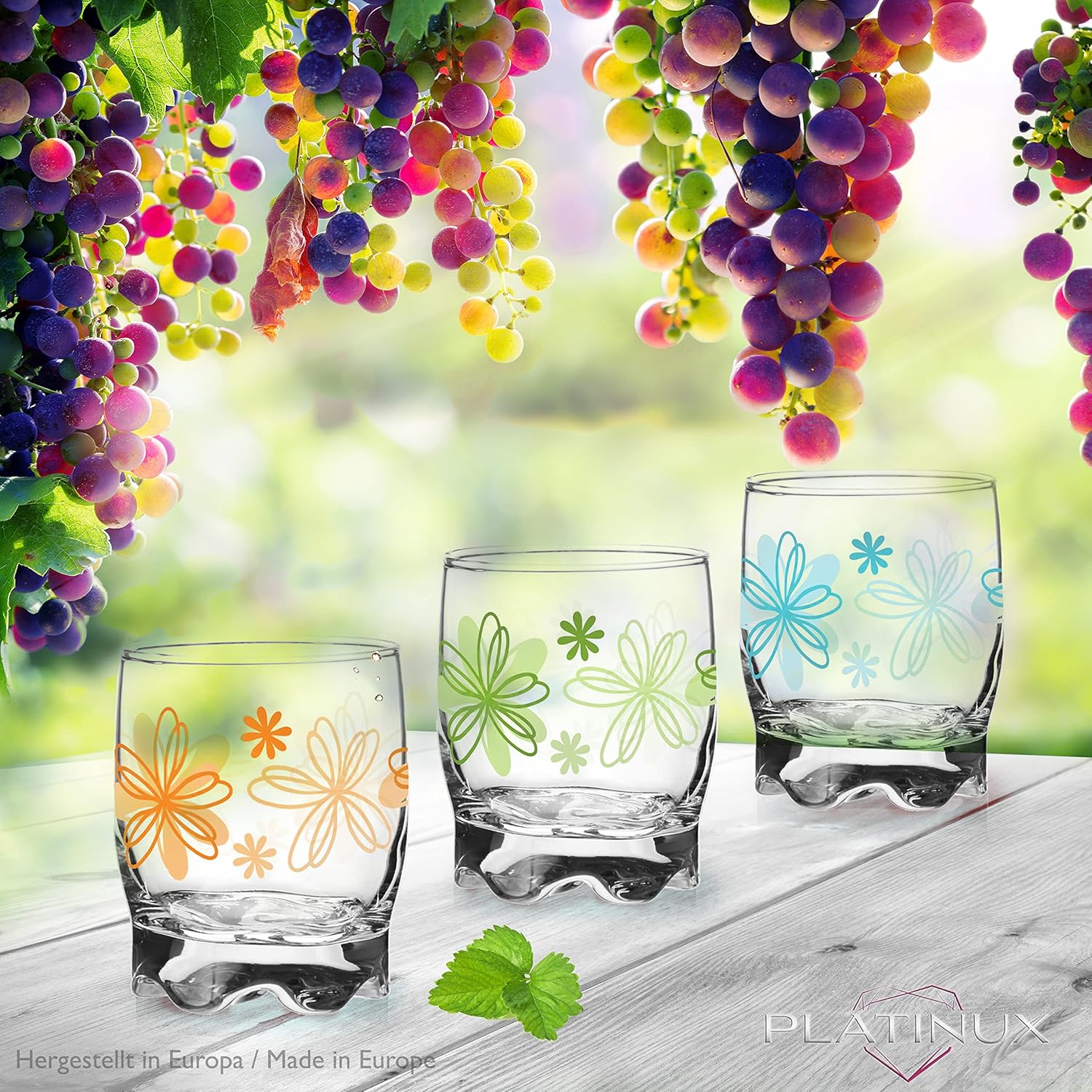 PLATINUX Flower Print Drinking Glasses Set of 6, 250 ml, Water Glasses, Juice Glasses with Beautiful Bottom, Small
