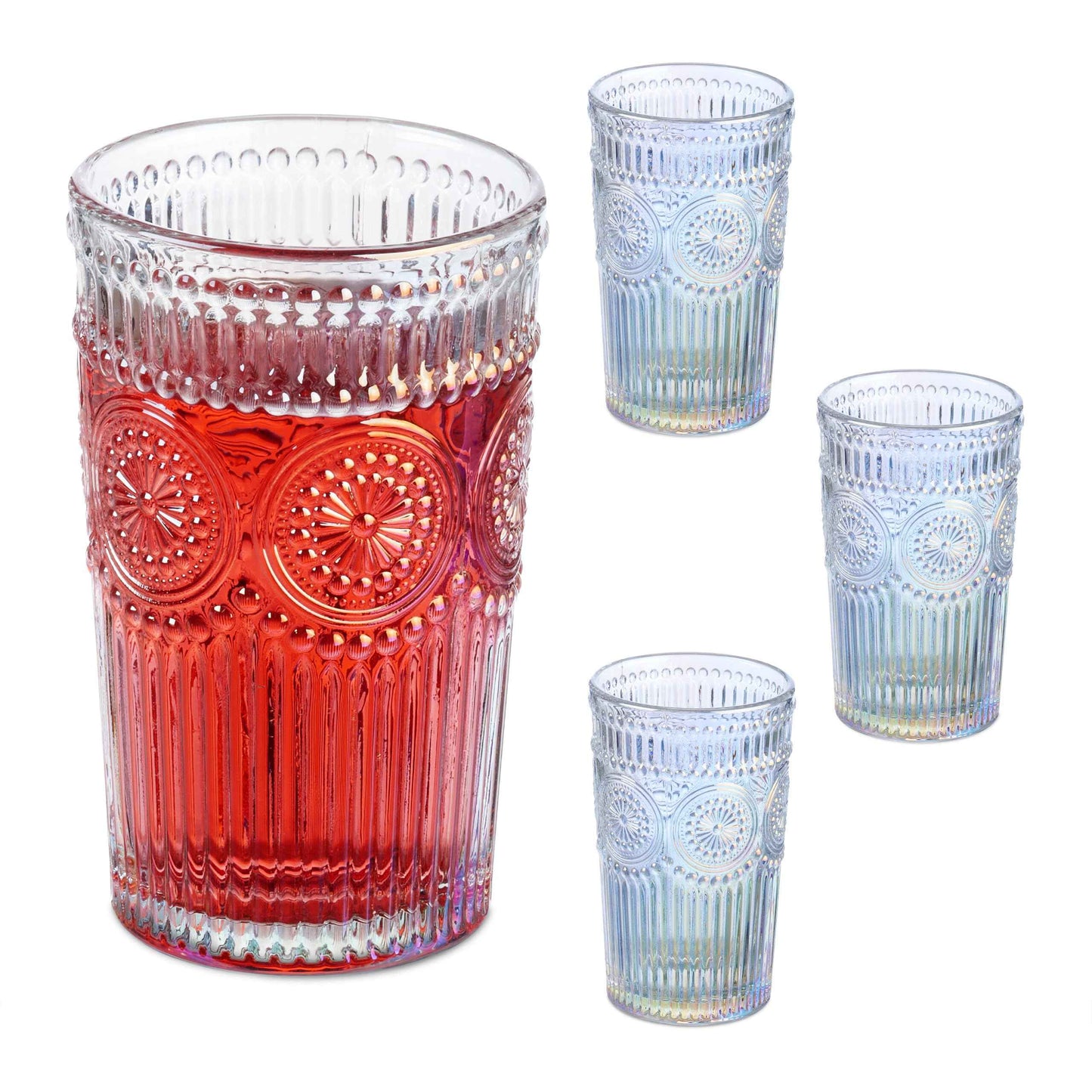 Relaxdays Drinking Glasses Set of 4, Vintage Design, Embossed, Dishwasher Safe, Juice, Lemonade, 360 ml, Coloured