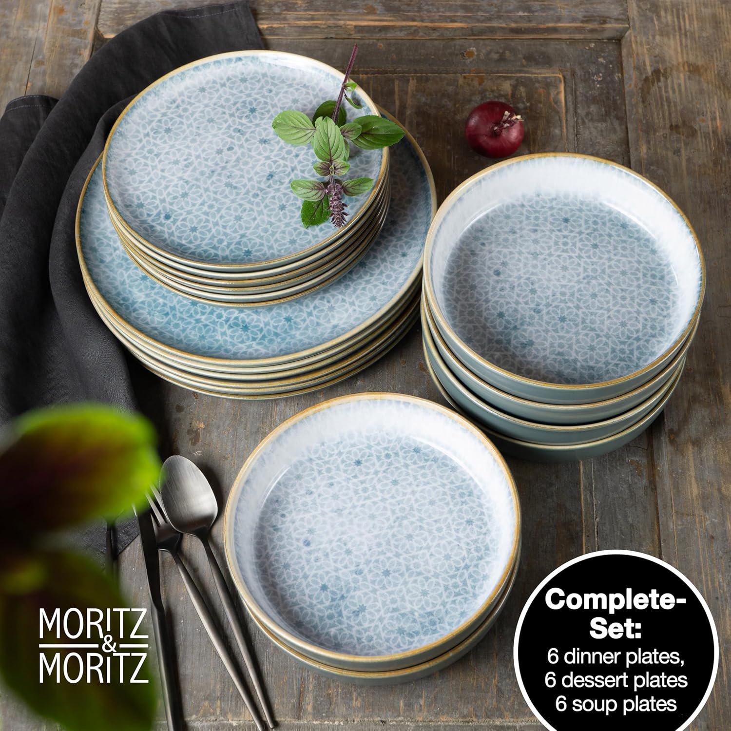 Moritz & Moritz TERRA 18-Piece Dinnerware Set for 6 People, Plate Set in Bright Blue, Made of High Quality Porcelain Dinner Set for 6 People, 6 x Dinner Plates, Dessert Plates and Bowls Each