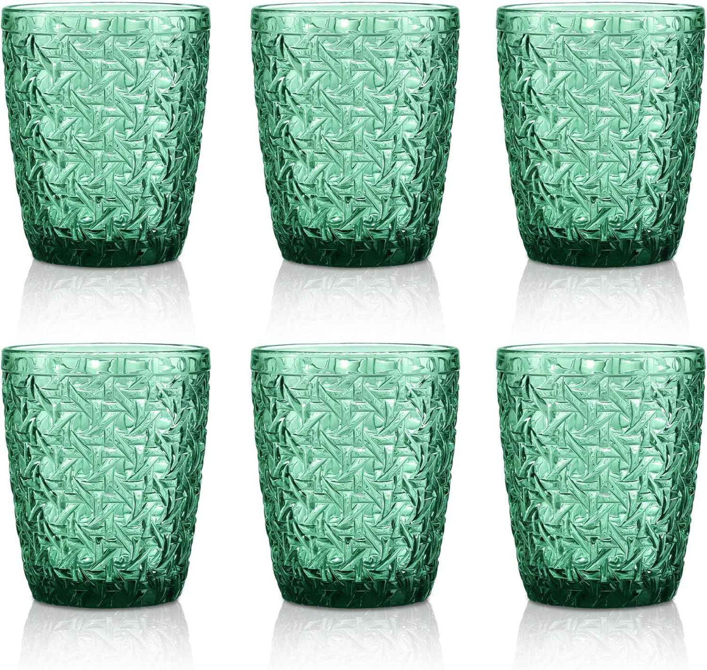 Joeyan 300 ml green glasses, set of 6, vintage drinking glasses, colourful with embossed design, coloured water glasses, dishwasher safe