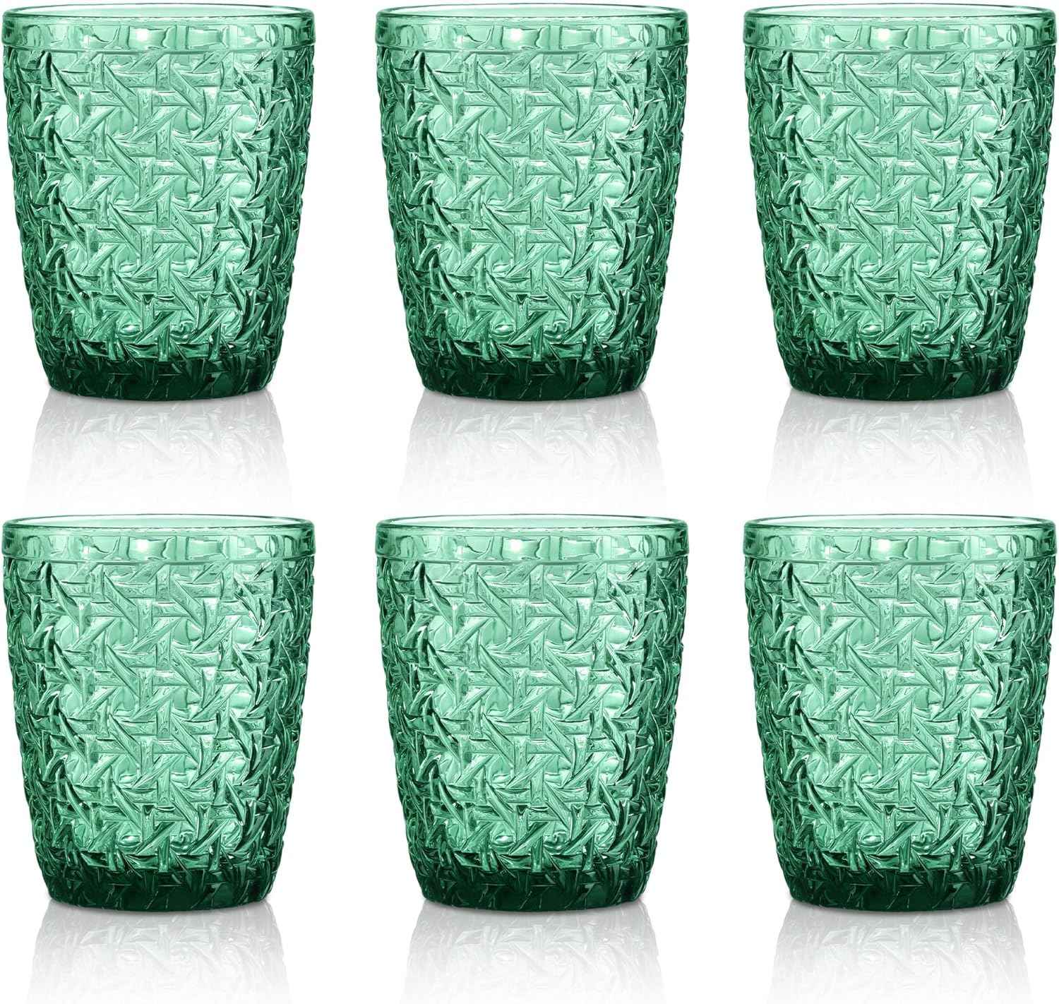 Joeyan 300 ml green glasses, set of 6, vintage drinking glasses, colourful with embossed design, coloured water glasses, dishwasher safe
