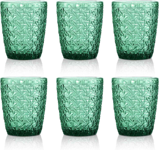 Joeyan 300 ml green glasses, set of 6, vintage drinking glasses, colourful with embossed design, coloured water glasses, dishwasher safe