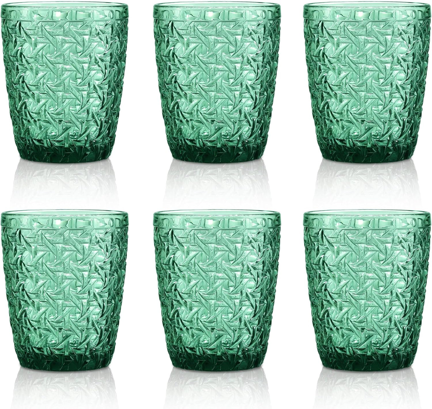 Joeyan 300 ml green glasses, set of 6, vintage drinking glasses, colourful with embossed design, coloured water glasses, dishwasher safe