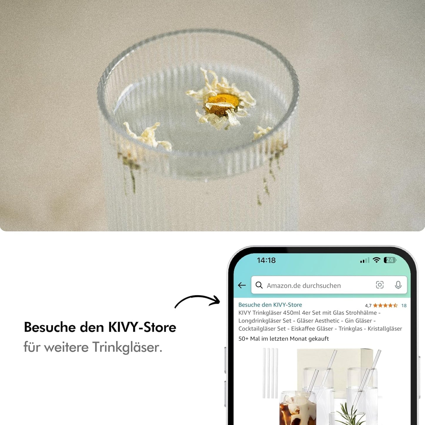 KIVY Drinking Glasses Set with Glass Straw, 4 x 450 ml, for Iced Coffee, Water and Cocktails, Long Drink Glasses, Iced Coffee Glasses, Coffee Glasses, Matcha and Coffee Glasses
