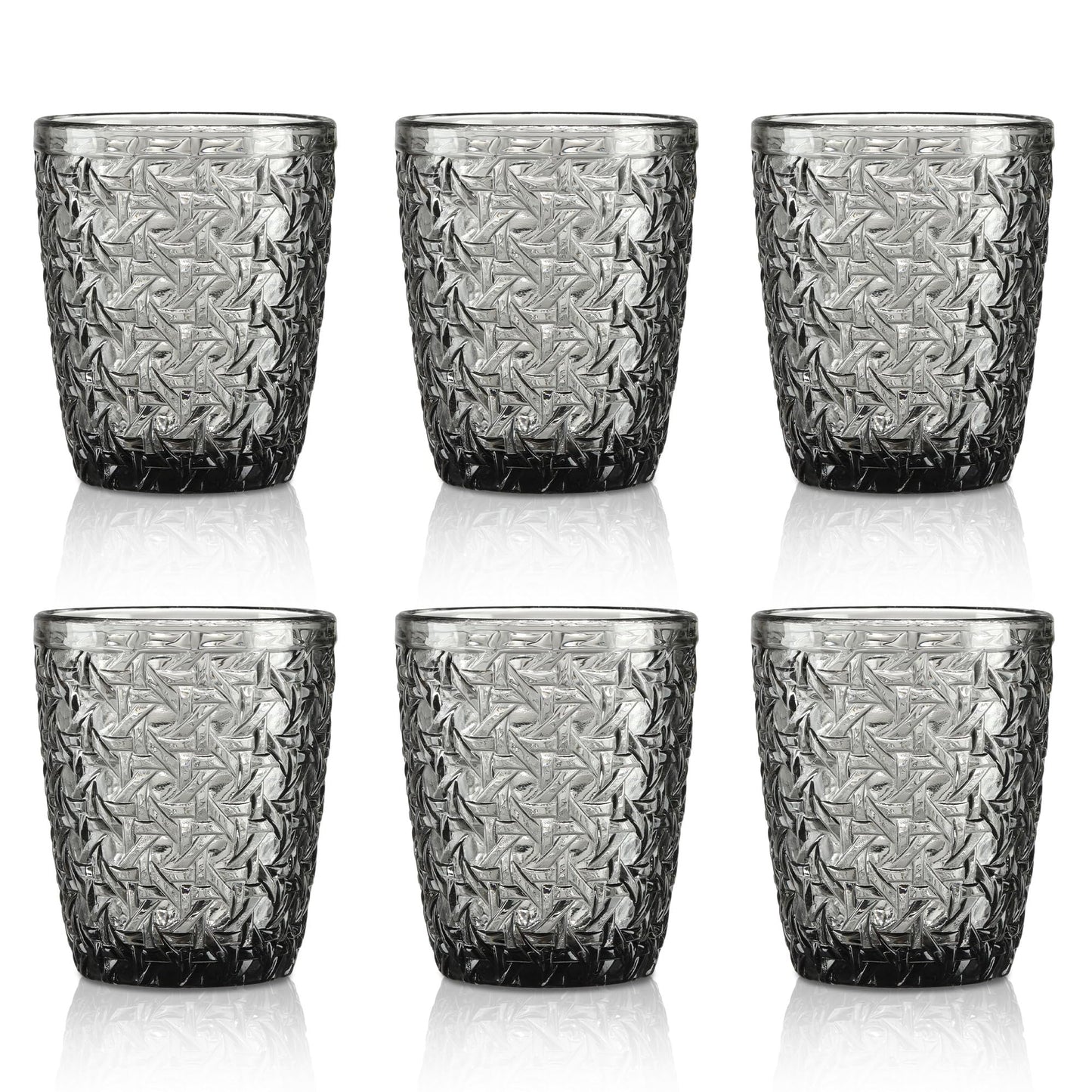 Joeyan 300 ml green glasses, set of 6, vintage drinking glasses, colourful with embossed design, coloured water glasses, dishwasher safe