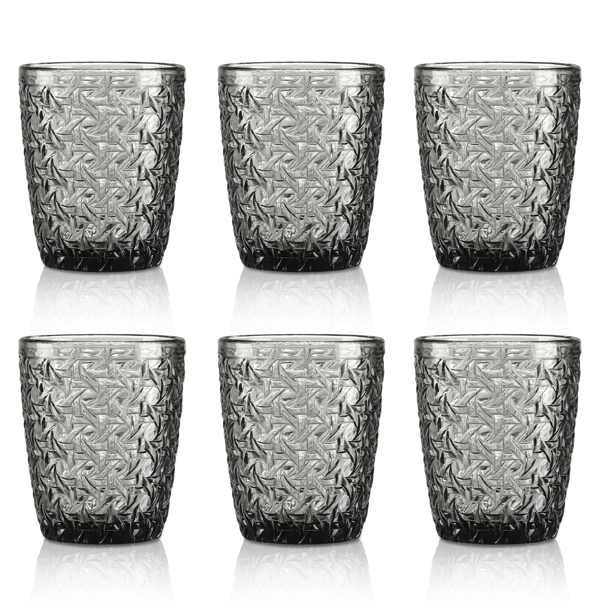 Joeyan 300 ml green glasses, set of 6, vintage drinking glasses, colourful with embossed design, coloured water glasses, dishwasher safe