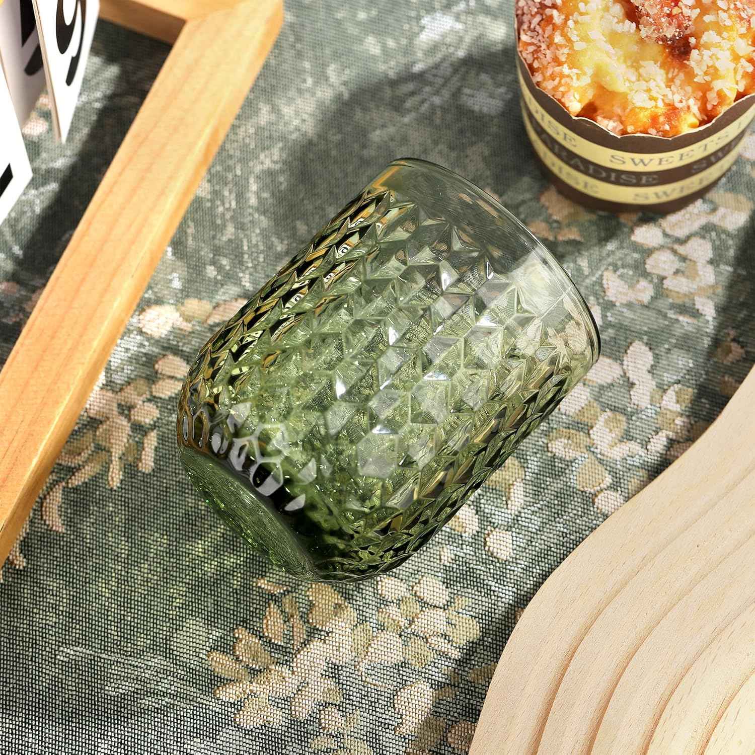 Joeyan Set of 6 Green Water Glass Glasses, 200 ml, Embossed Glass, Elegant Retro Colour Tableware, Glassware for Bar, Restaurant Home, Dishwasher Safe