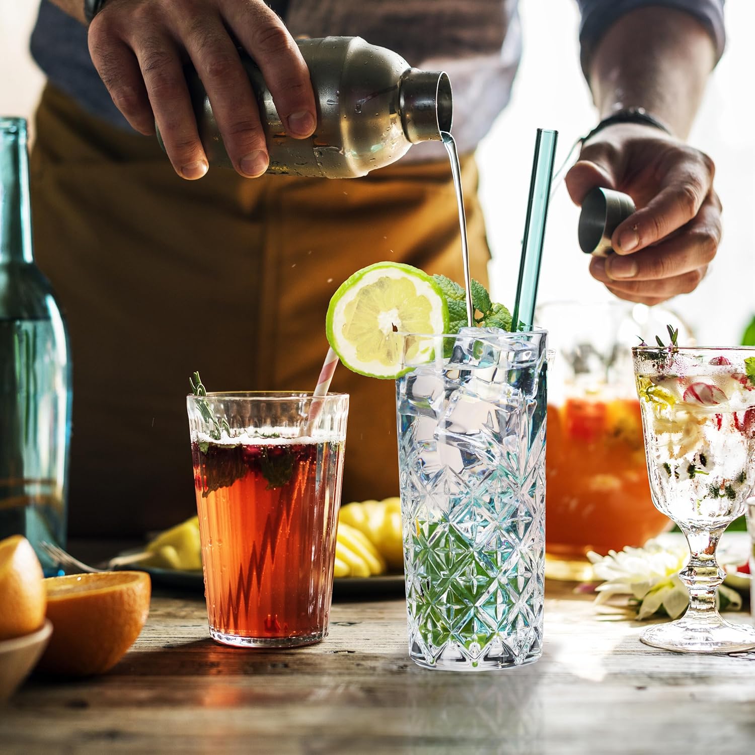 Relaxdays Long Drink Glasses Set of 6, 300 ml, Embossed Drinking Glasses, Dishwasher Safe, Thick Water Glasses, Transparent