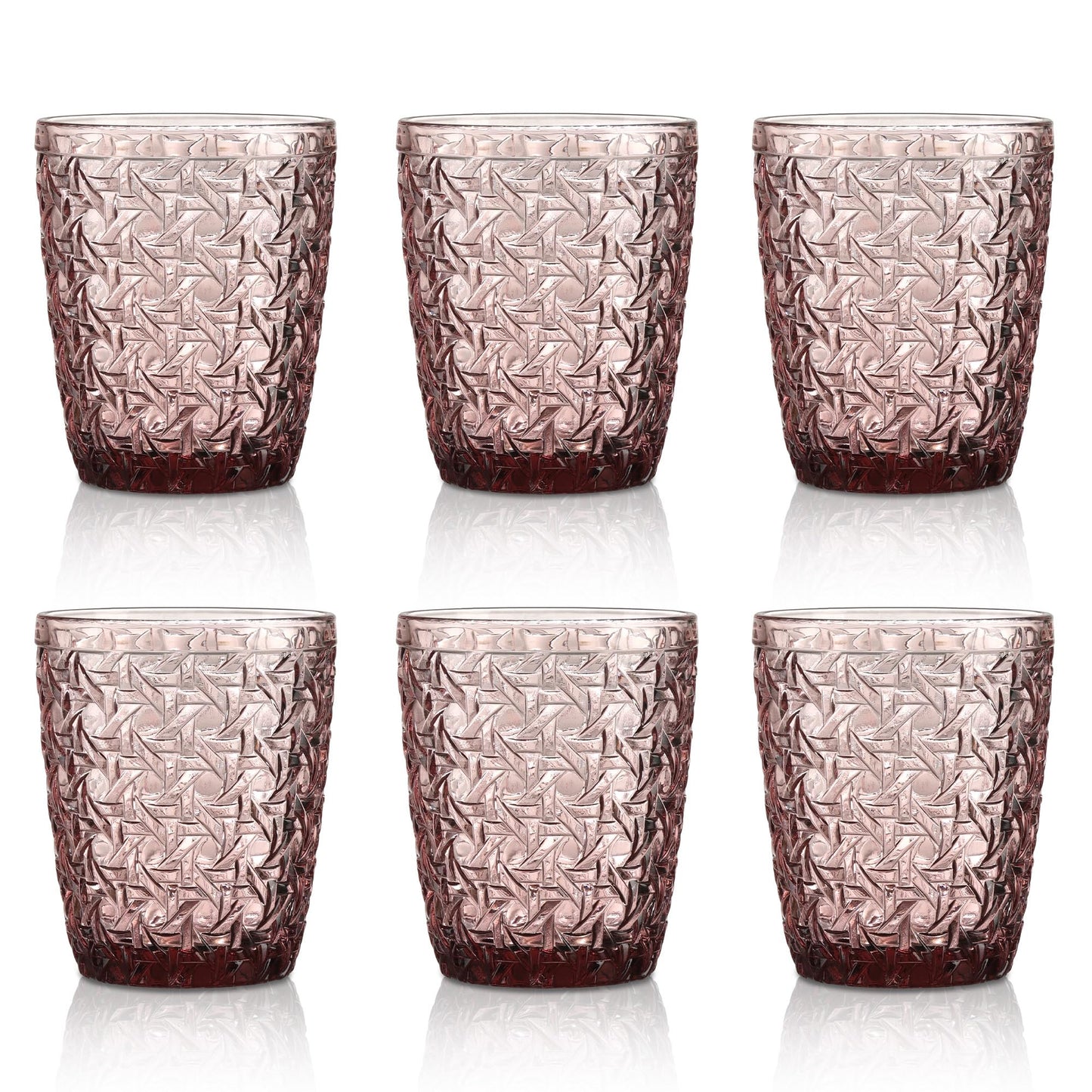 Joeyan 300 ml green glasses, set of 6, vintage drinking glasses, colourful with embossed design, coloured water glasses, dishwasher safe