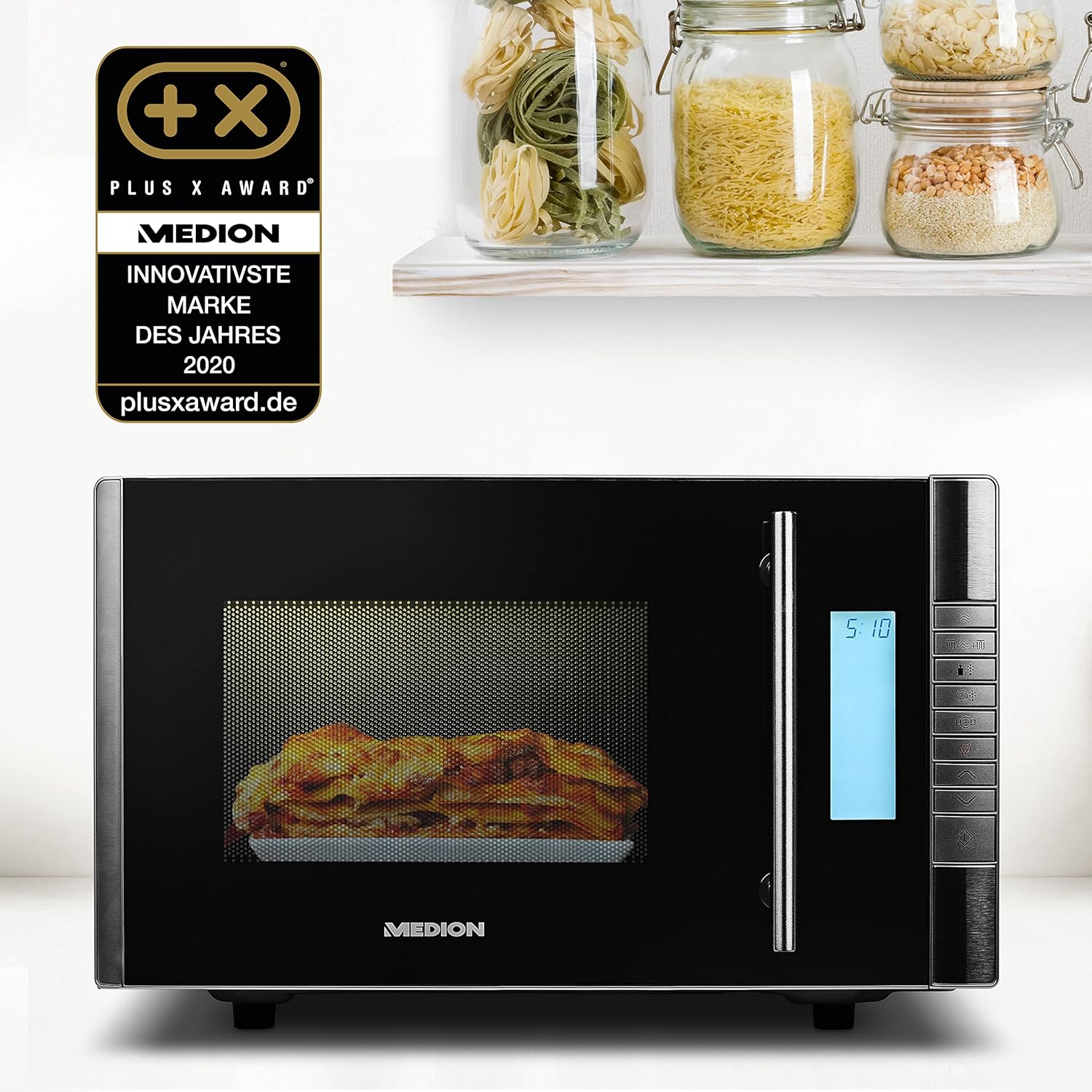 MEDION MD 14482 Microwave Oven with Grill, 20 L Cooking Space, 8 Automatic Programs, Defrost Function (800 Watt Microwave and 1000 Watt Grill Power), Timer, Grill Grate, Silver/Black