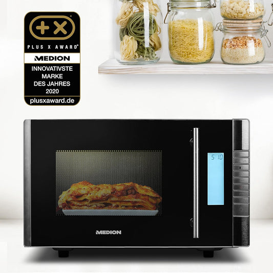 MEDION MD 14482 Microwave Oven with Grill, 20 L Cooking Space, 8 Automatic Programs, Defrost Function (800 Watt Microwave and 1000 Watt Grill Power), Timer, Grill Grate, Silver/Black