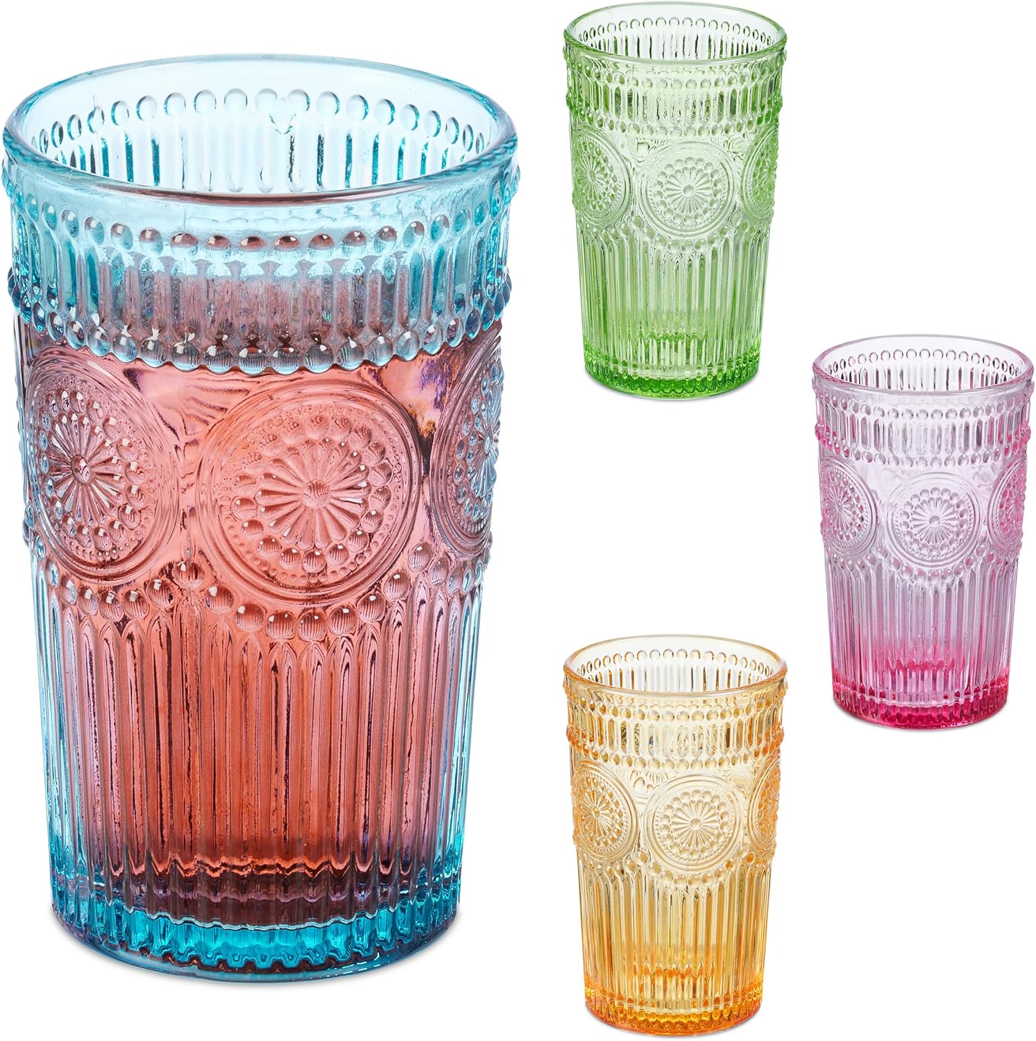 Relaxdays Drinking Glasses Set of 4, Vintage Design, Embossed, Dishwasher Safe, Juice, Lemonade, 360 ml, Coloured