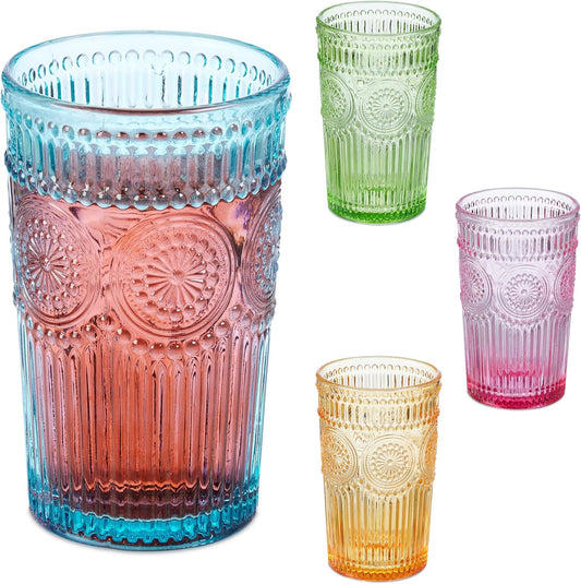 Relaxdays Drinking Glasses Set of 4, Vintage Design, Embossed, Dishwasher Safe, Juice, Lemonade, 360 ml, Coloured