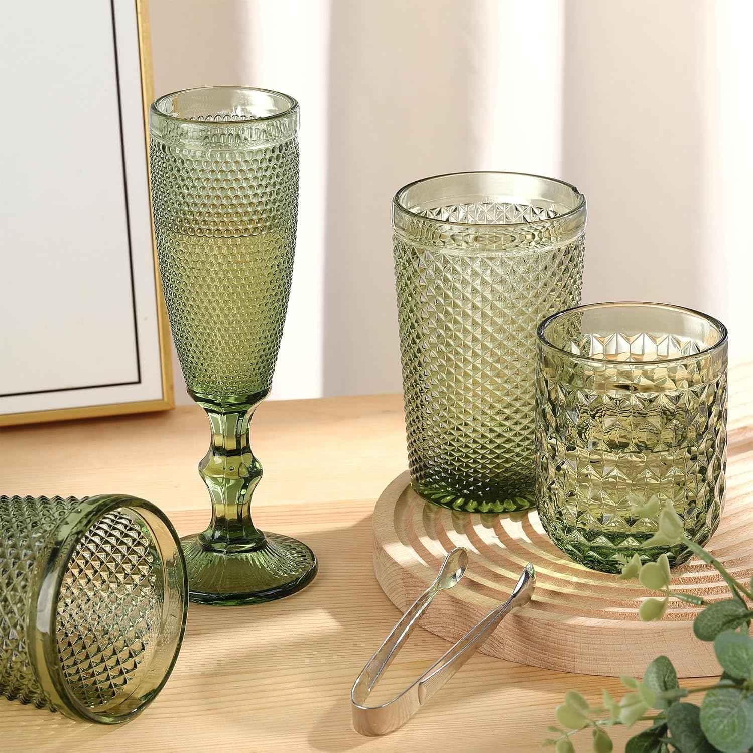 Joeyan Set of 6 Green Water Glass Glasses, 200 ml, Embossed Glass, Elegant Retro Colour Tableware, Glassware for Bar, Restaurant Home, Dishwasher Safe