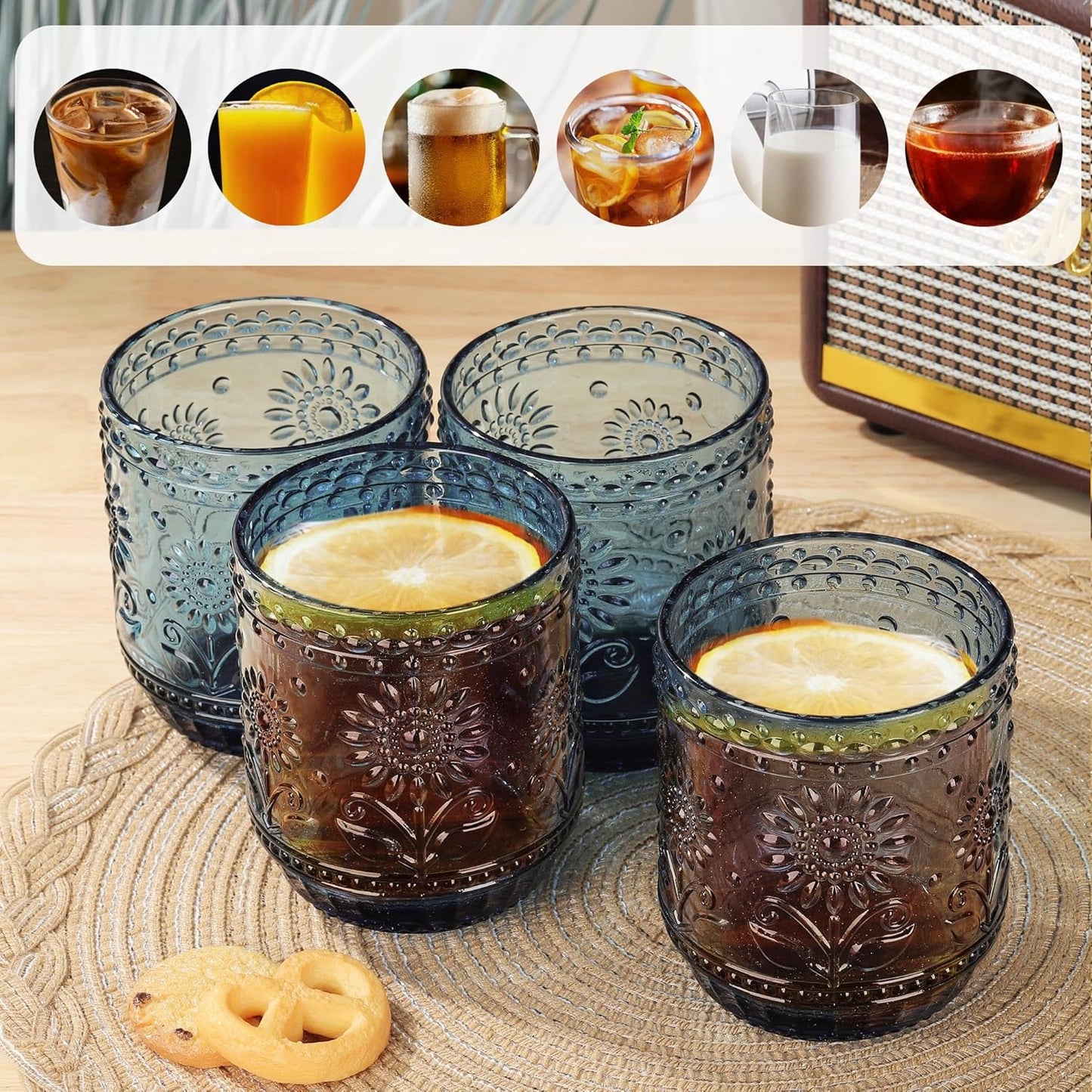 Joeyan Colourful Water Glass, Pack of 4, 360 ml, Stackable, Blue Drinking Glasses, Vintage Flower Embossed Tumblers, for Juice, Drinks, Beer, Cocktail, Lemonade, Juice, Dishwasher Safe