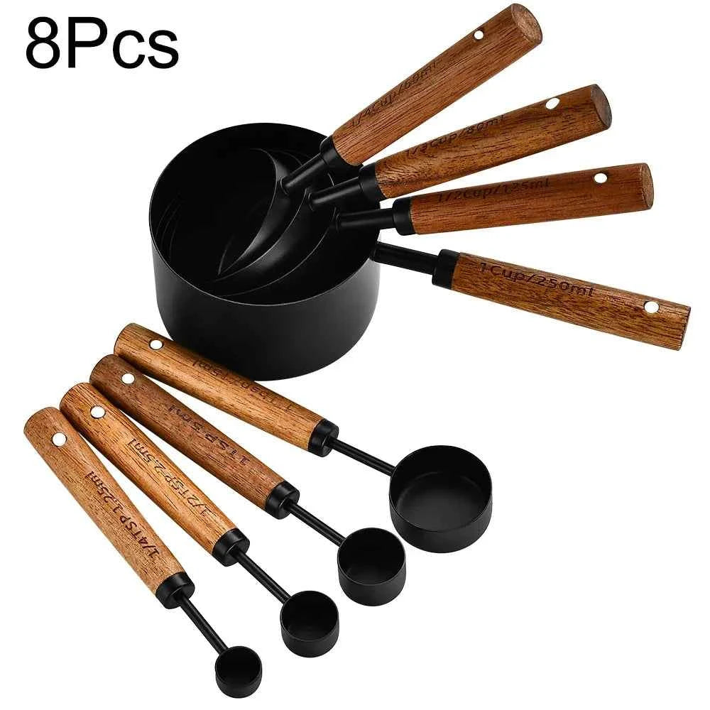 Stainless Steel Measuring Cups and Spoons Set with Scale Wooden Handle - 1/4/8pcs Kitchen Baking Tools - The Silver Spoon