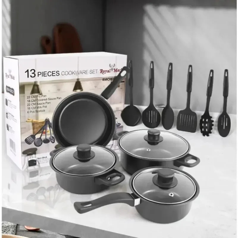 Nonstick Cookware Set - 13 Piece Cooking Essentials with Lid - The Silver Spoon