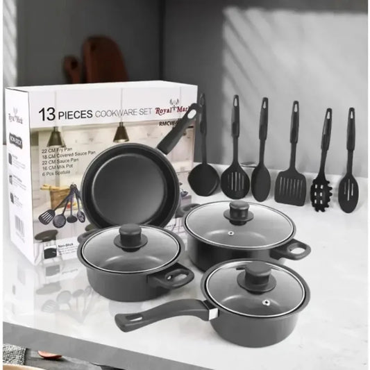 Nonstick Cookware Set - 13 Piece Cooking Essentials with Lid - The Silver Spoon