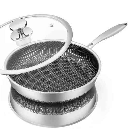 Stainless Steel Nonstick Frying Pan with Honeycomb Design and Lid - The Silver Spoon
