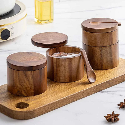 Acacia Wood Spice Jar with Spoon and Swivel Lid - The Silver Spoon