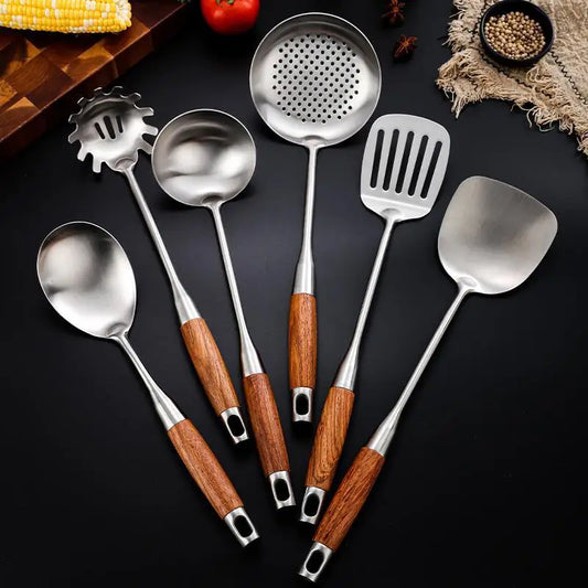 Rosewood Handle Stainless Steel Cookware Set - Durable Utensils - The Silver Spoon
